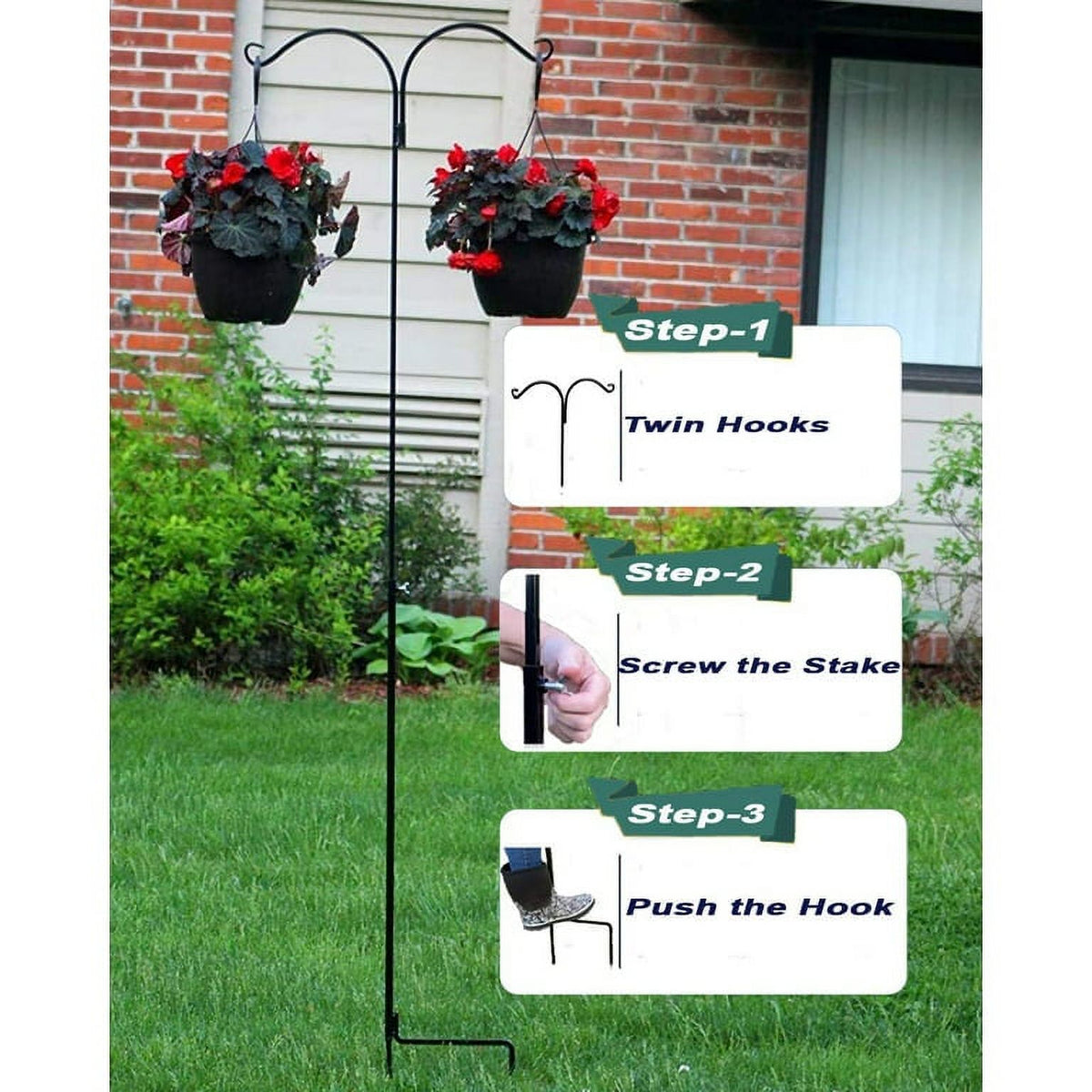 Adjustable Shepherds Hook with Twin Hooks, Rust Resistant Steel Hook E5896