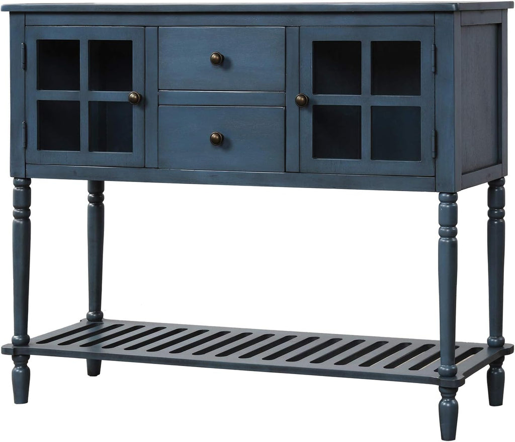 Antique Grey Console Table with 2 Storage Drawers and 2 Glass Door Cabinets C37456