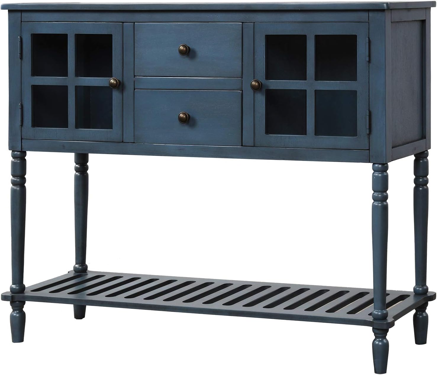 Antique Grey Console Table with 2 Storage Drawers and 2 Glass Door Cabinets C37456