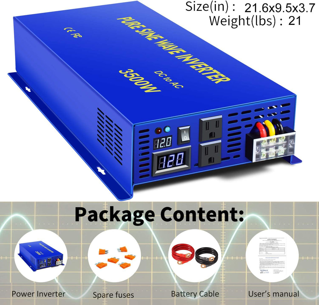 3500W Pure Sine Wave Power Inverter DC 12V to AC 110V with LCD Display T743