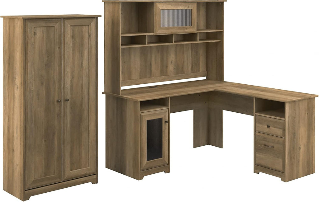 L Shape Desk with Hutch and 2 Door Tall Storage, Gray P408340