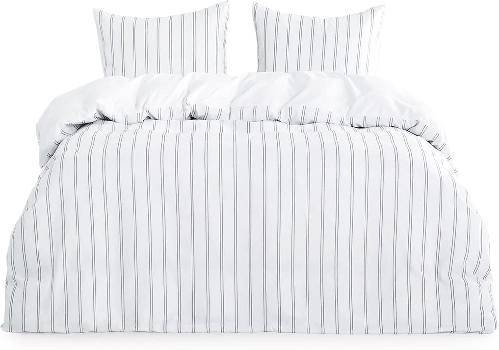 Navy Blue Striped Microfiber Duvet Cover Set (3pcs, King Size) Y894