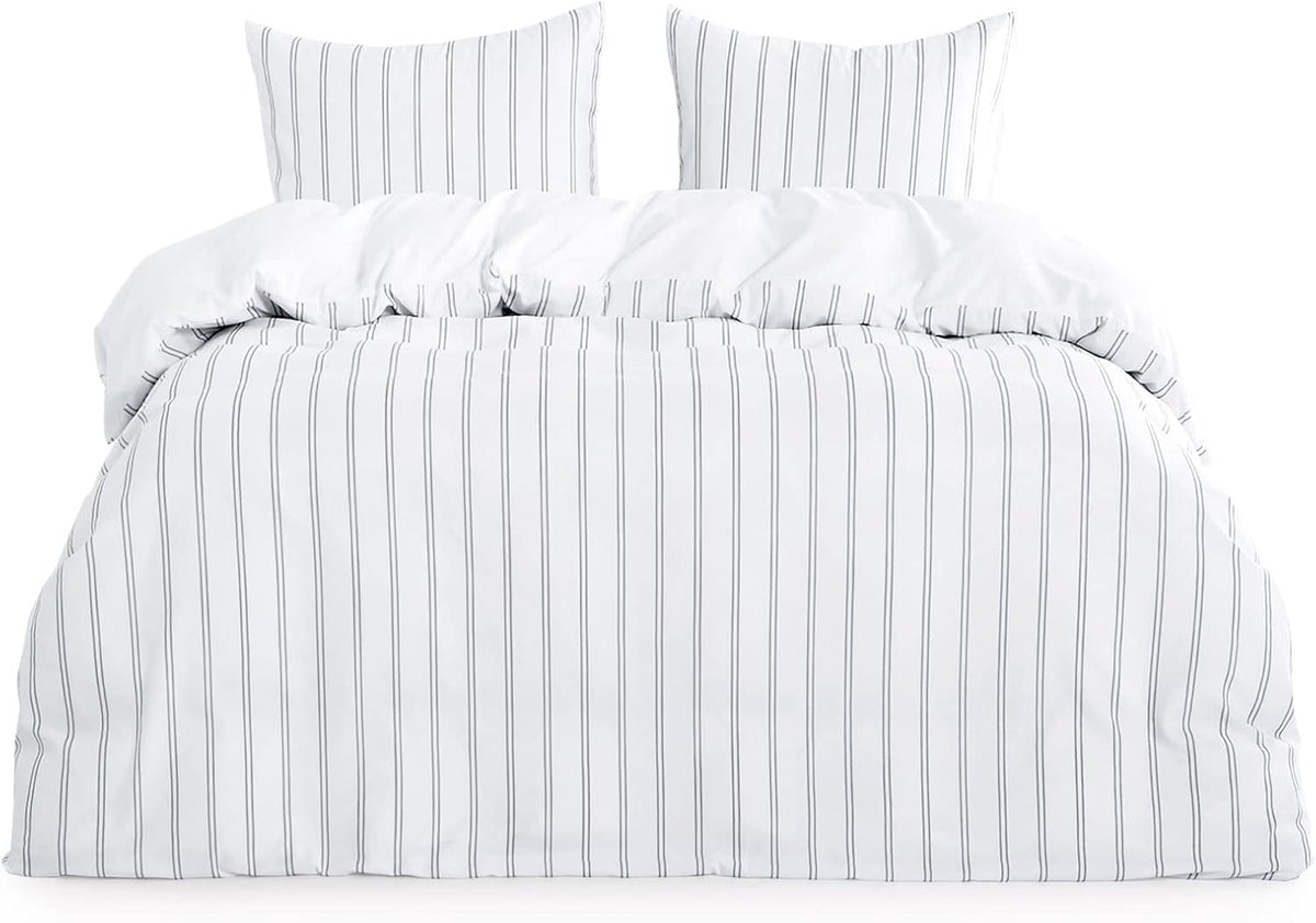 Navy Blue Striped Microfiber Duvet Cover Set (3pcs, King Size) Y894