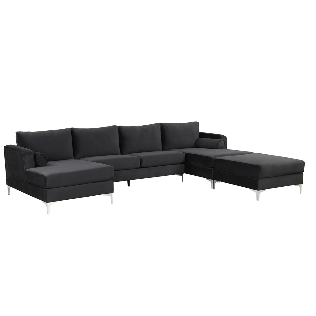 Black Velvet U-Shape Sectional Sofa with Ottoman P41436