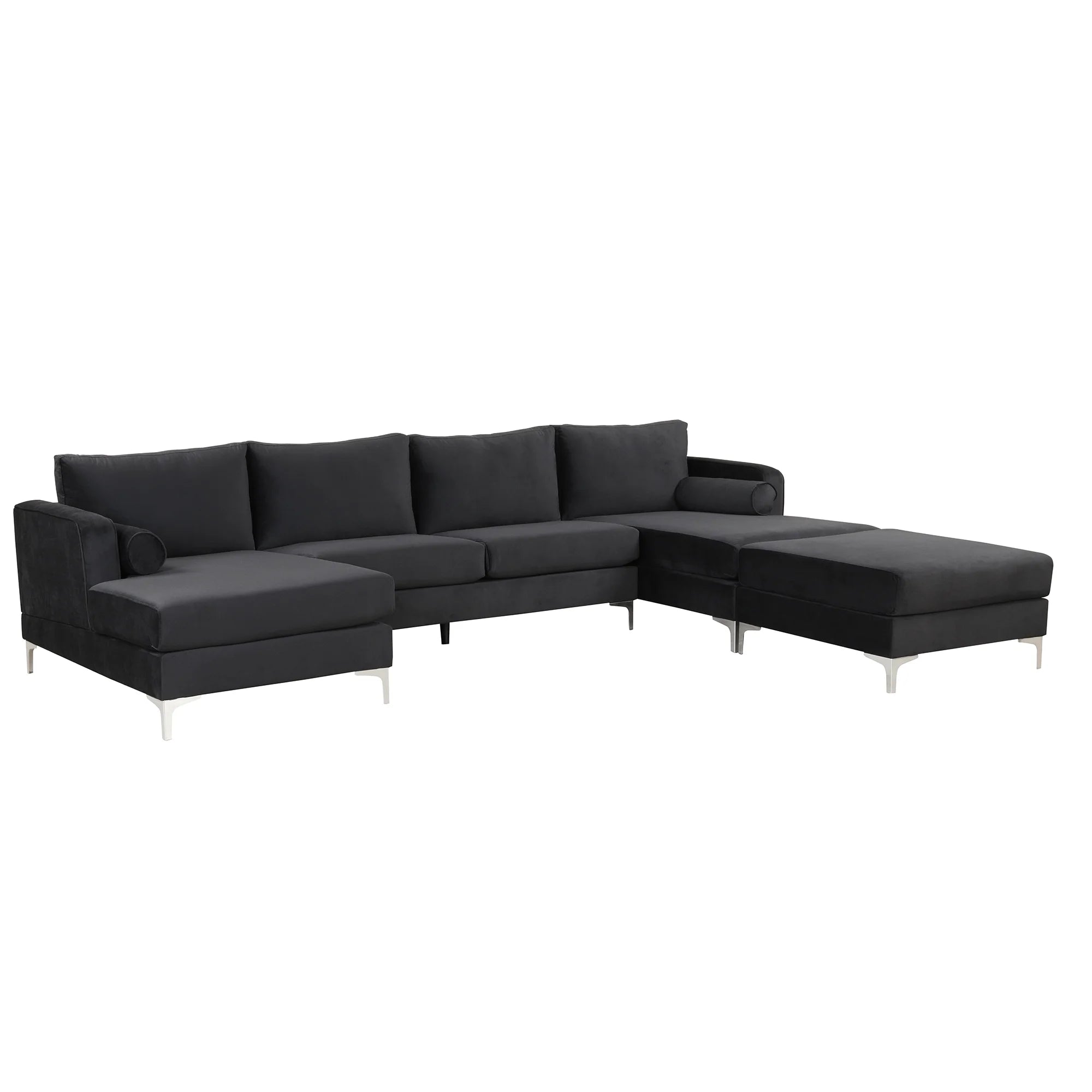 Black Velvet U-Shape Sectional Sofa with Ottoman P41436