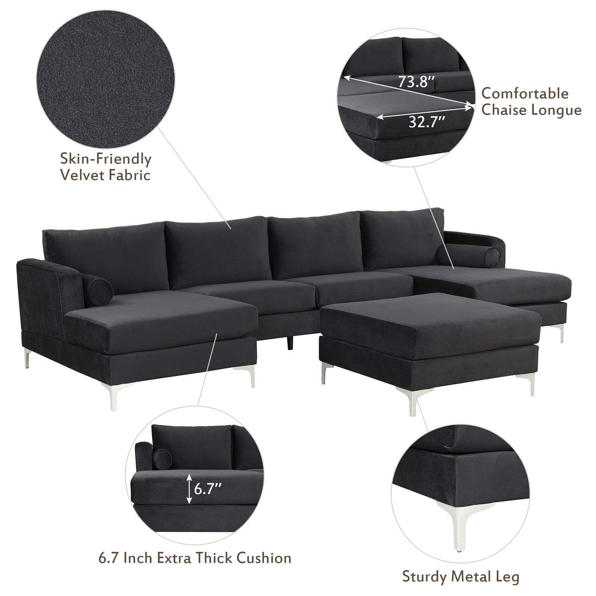 Black Velvet U-Shape Sectional Sofa with Ottoman P41436