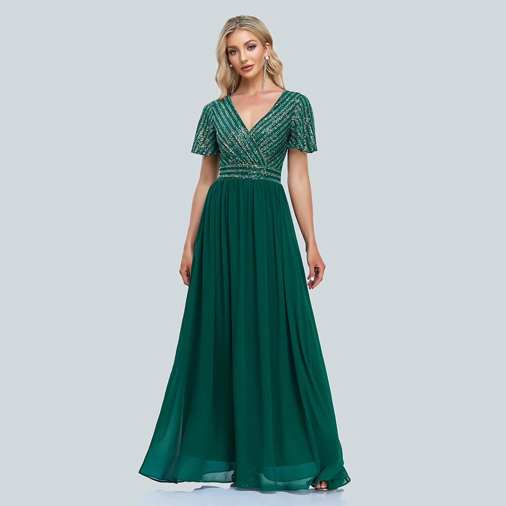 Green V-Neck Sequins Chiffon Formal Gown R761570
