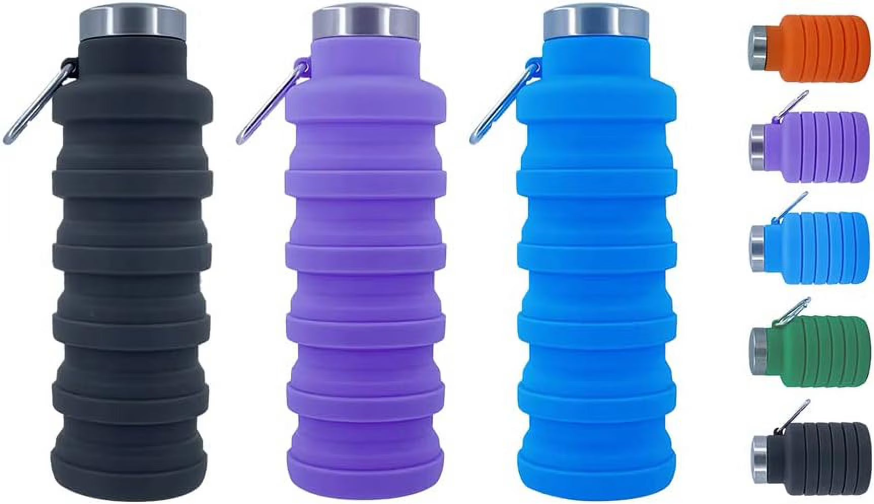 Collapsible Silicone Water Bottle with Carabiner, 17oz, 3 pack M102808