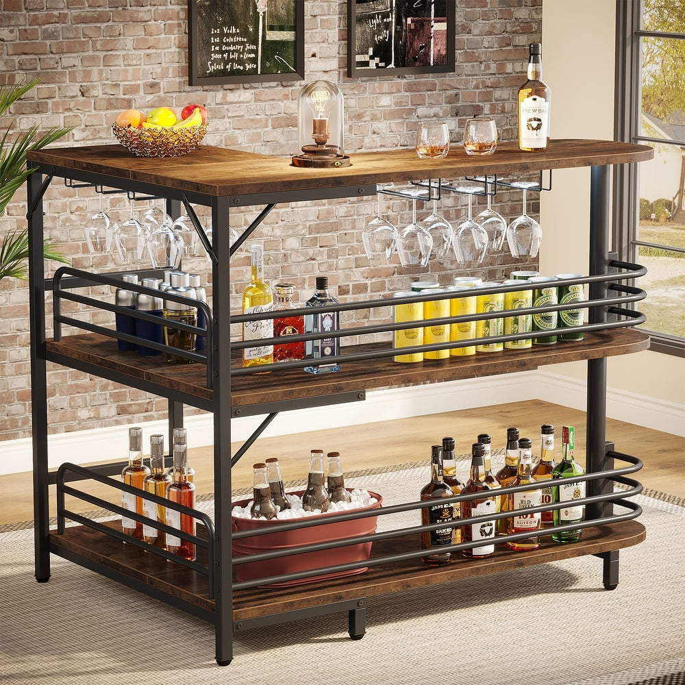 Rustic Brown L-Shaped 3 Tier Liquor Bar Table with Storage Shelves and Wine Glasses Holder J225882