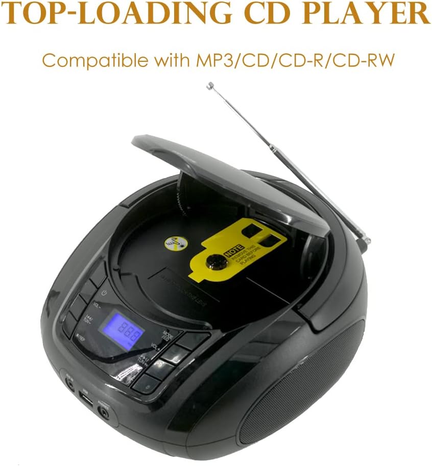 Black CD Player Boombox with FM Radio, Bluetooth, USB, AUX, LCD Display, Pack of 2 P43261