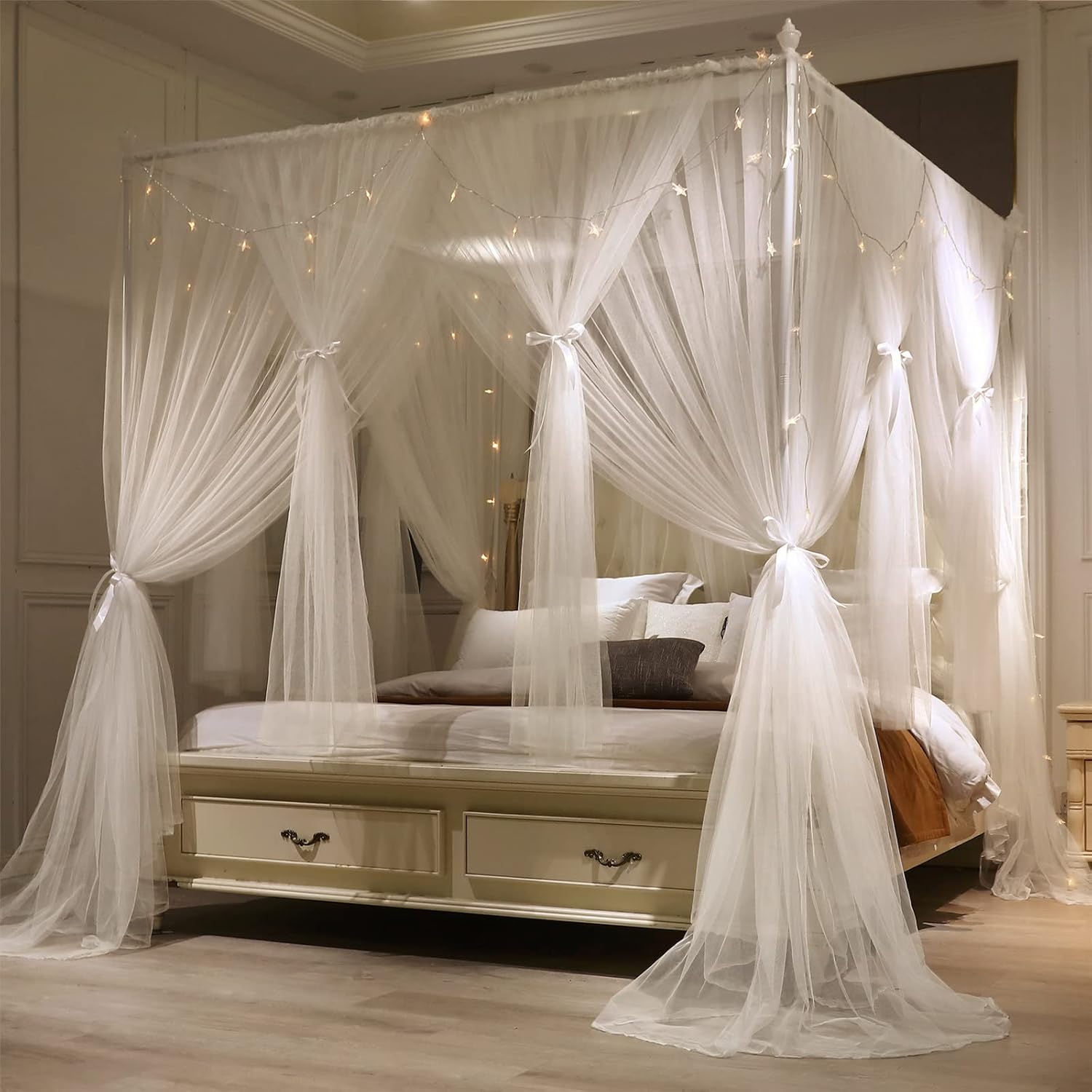 Double White Queen Size 4 Post Bed Canopy Mosquito Net K32742