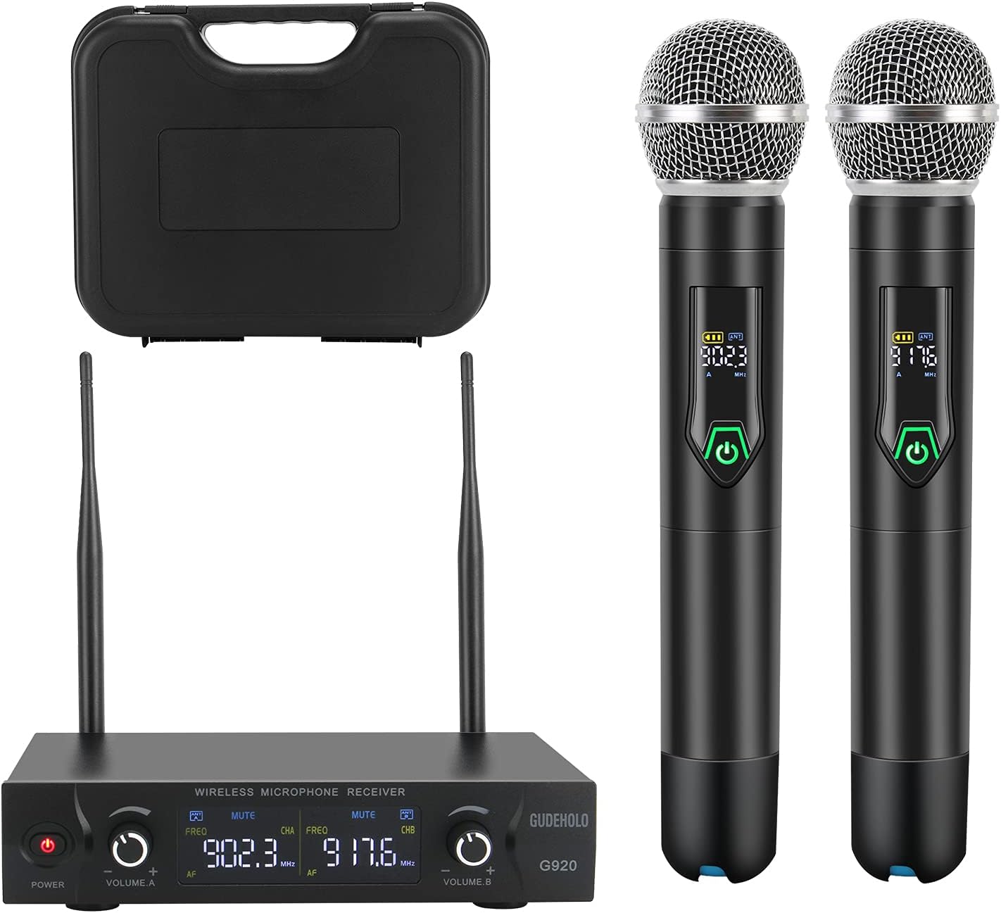 Wireless Microphone System, Metal UHF Dual Handheld 20 Channels Cordless Mic System (Black) C2367