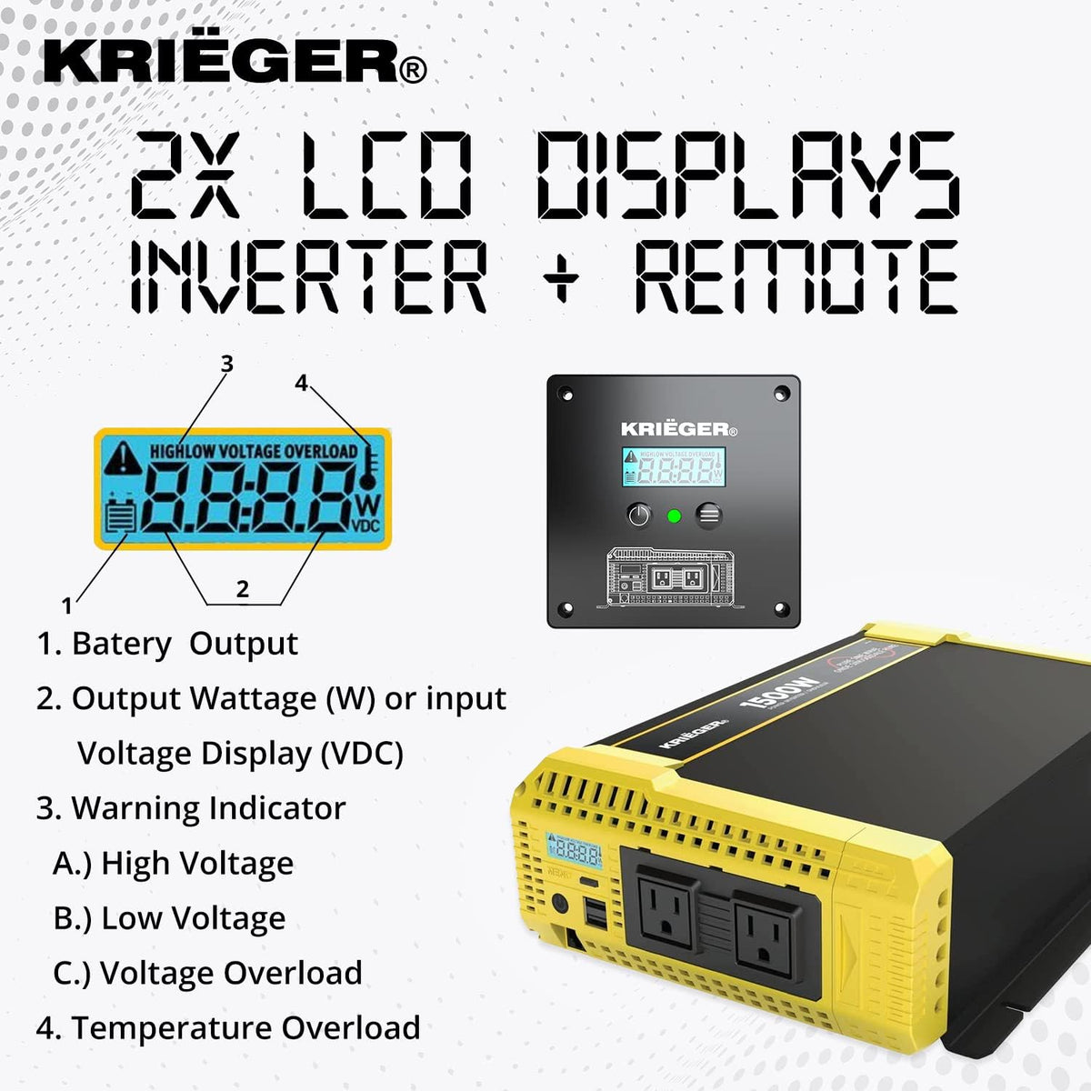 1500 Watt 12V Pure Sine Inverter Dual AC Outlets & USB R124799