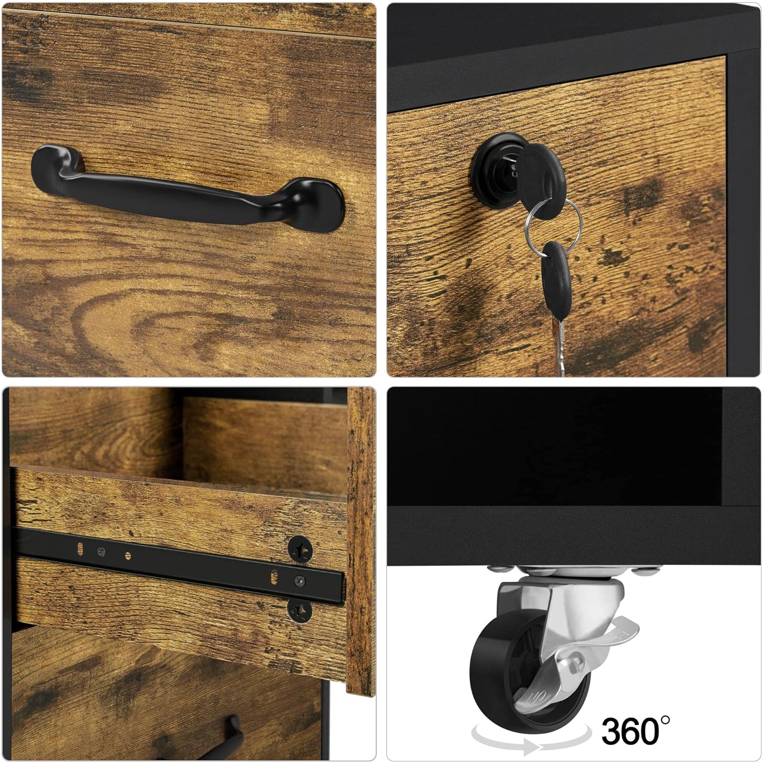 Black/Rustic Brown 2 Drawer Lateral File Cabinet with Wheels and 4 Open Shelves D480