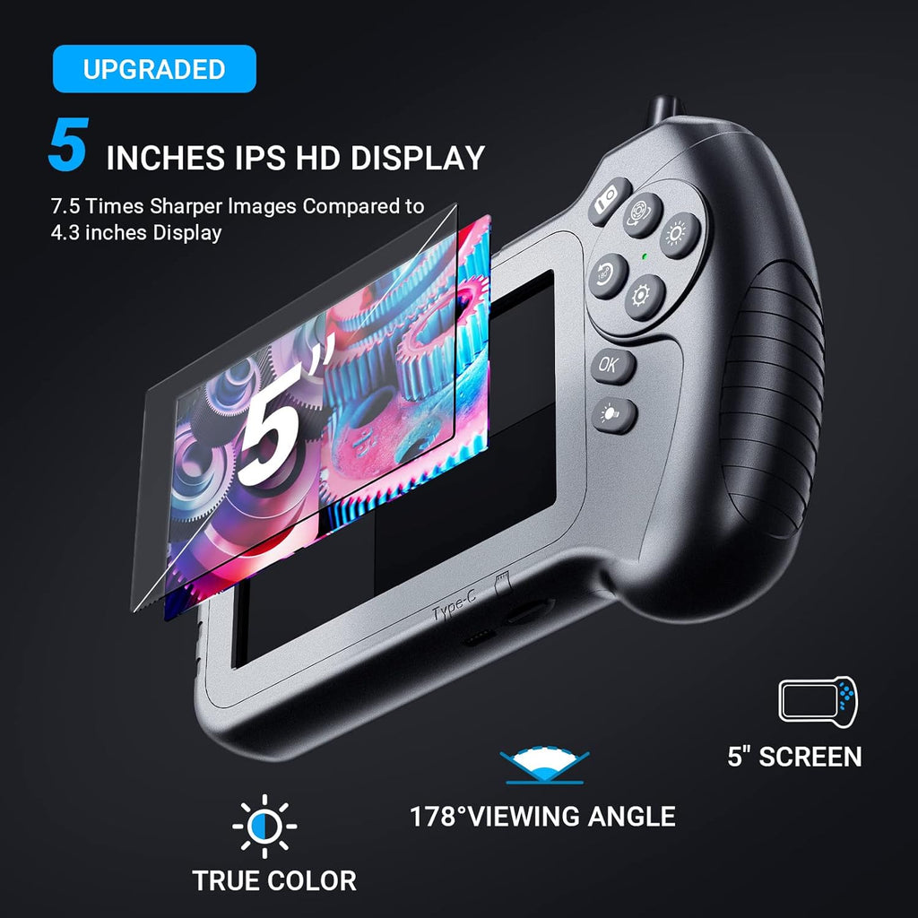5'' IPS Screen 1080P Industrial Snake Camera with 11.5FT Waterproof Flexible Cable 8 LEDs 32GB Card U23183