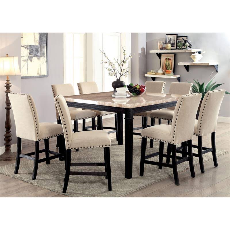 Black Wood Counter Height Table with Faux Marble Top U8951