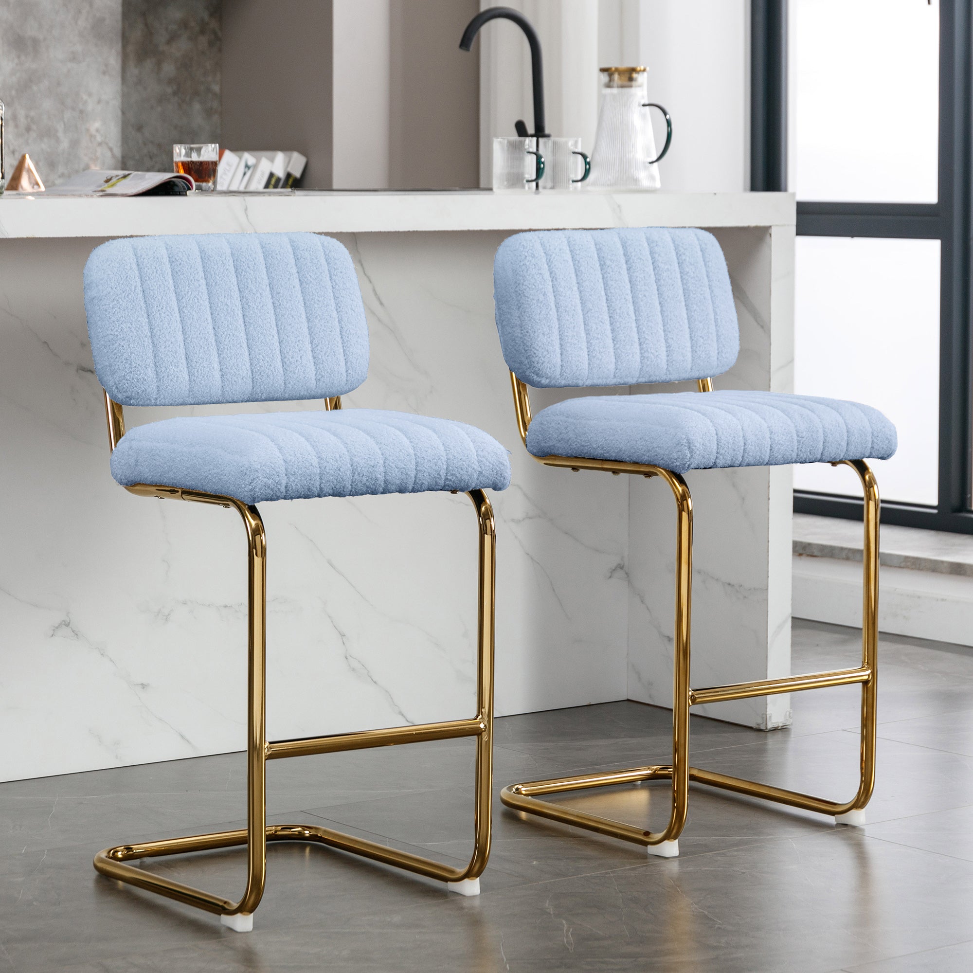 Blue Boucle Upholstered Bar Stools Set of 2 M433
