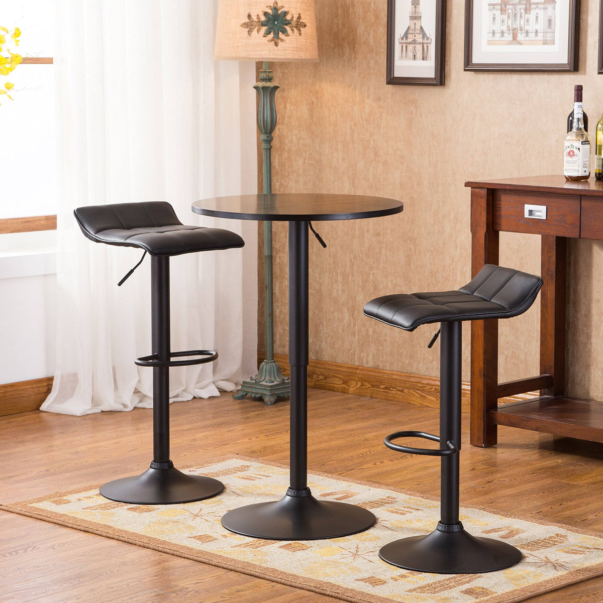 Black Round Top Adjustable Height Bar Table with 2 Swivel Bonded Leather Bar Stools N5649