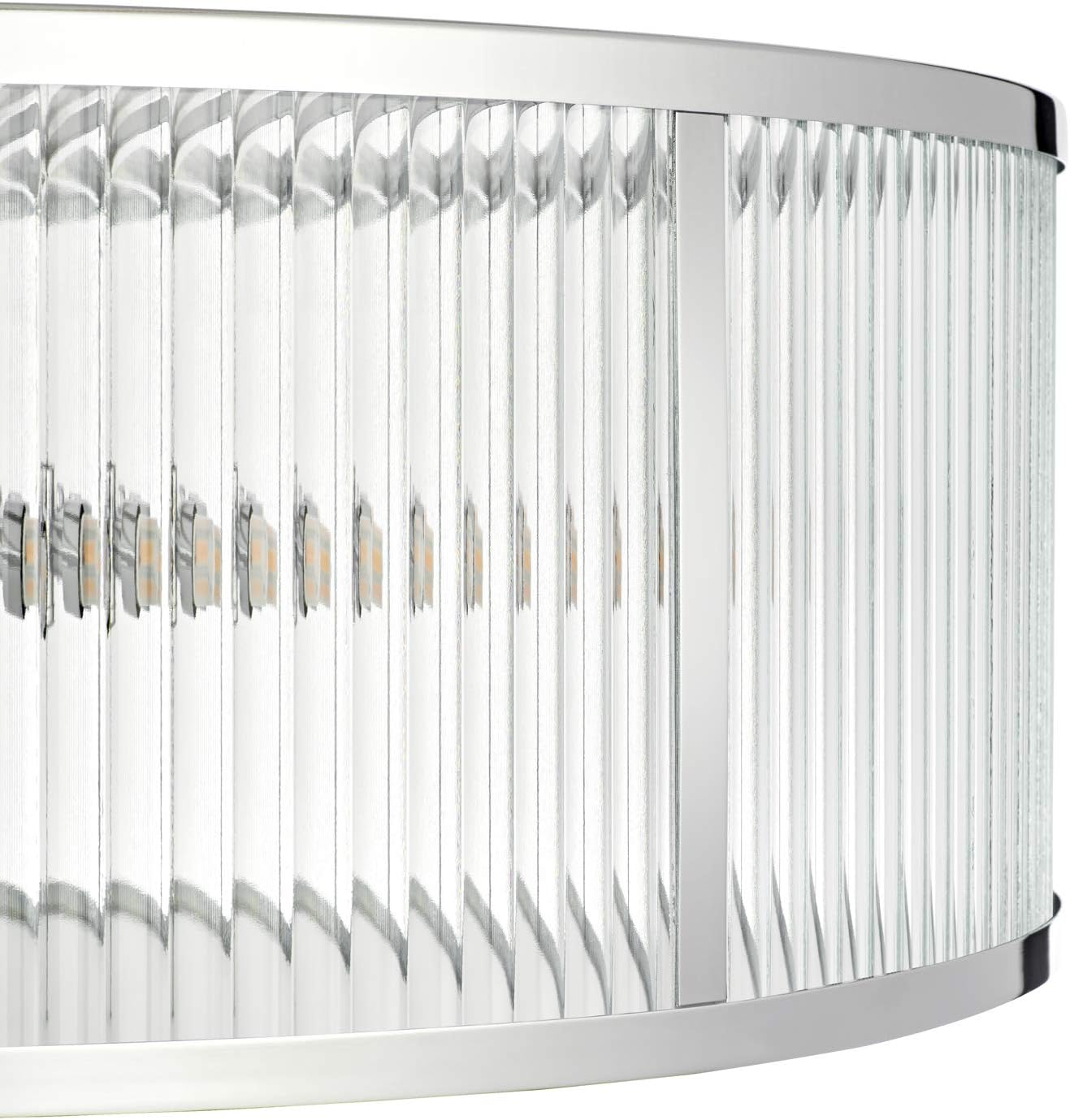 Chrome Flush Mount Ceiling Light, 18 Inch Diameter, LED Bulbs Included, 3000K, 2100 Lumens, Ribbed Glass Shade, Dimmable T56109