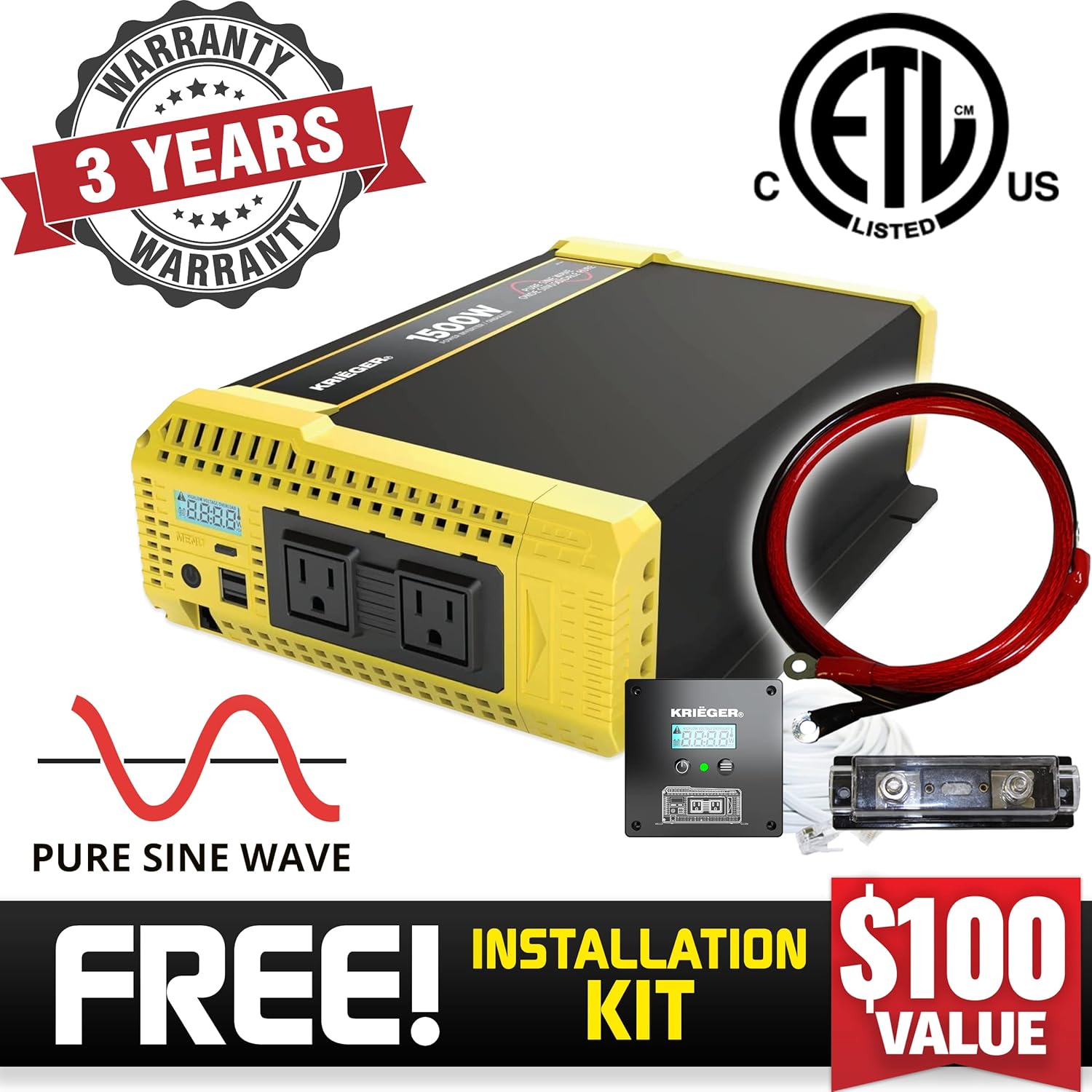 1500 Watt 12V Pure Sine Inverter Dual AC Outlets & USB R124799