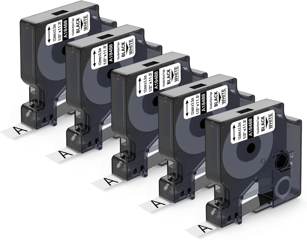 Industrial Label Tape Replacement for DYMO Rhino Label Maker, Black on White, 1/2'' x 11.5', 10-Pack L2934