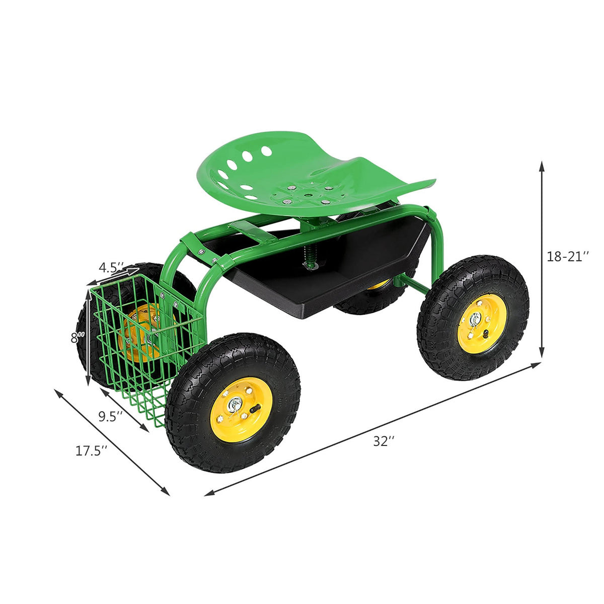 Green Garden Cart with Rolling Seat and Tool Tray A5155