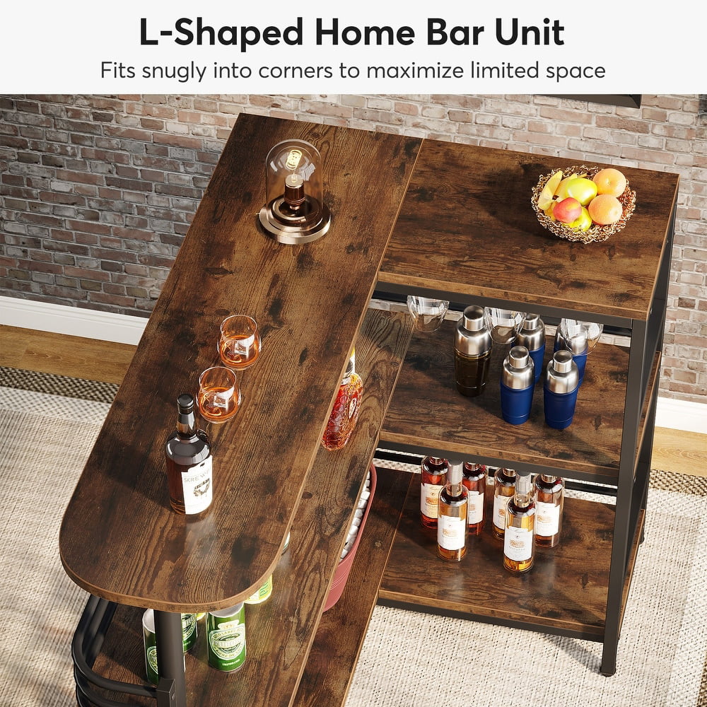 Rustic Brown L-Shaped 3 Tier Liquor Bar Table with Storage Shelves and Wine Glasses Holder J225882