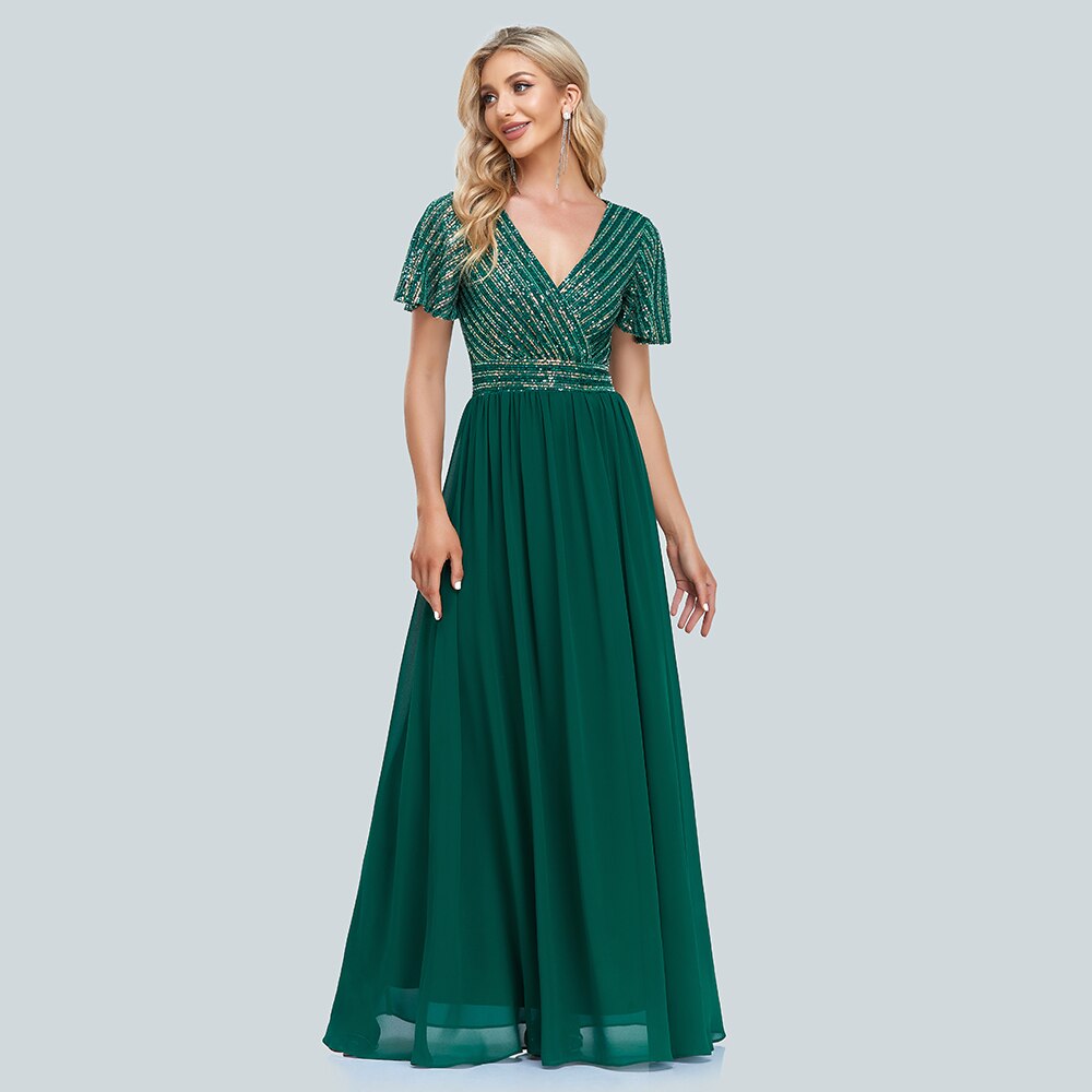 Green V-Neck Sequins Chiffon Formal Gown R761570