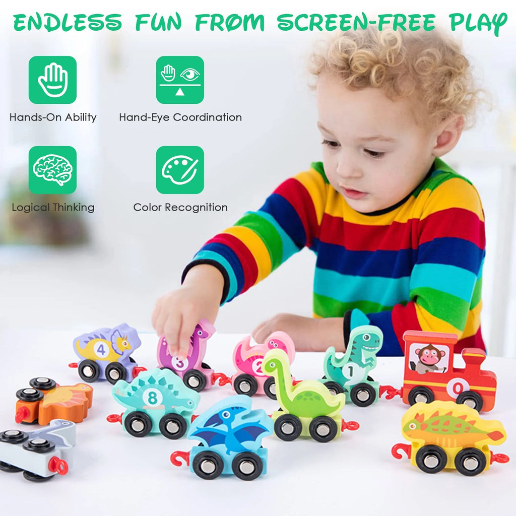 Wooden Dinosaur Train Car with Numbers, 11 Pieces Educational Montessori Toys I3366