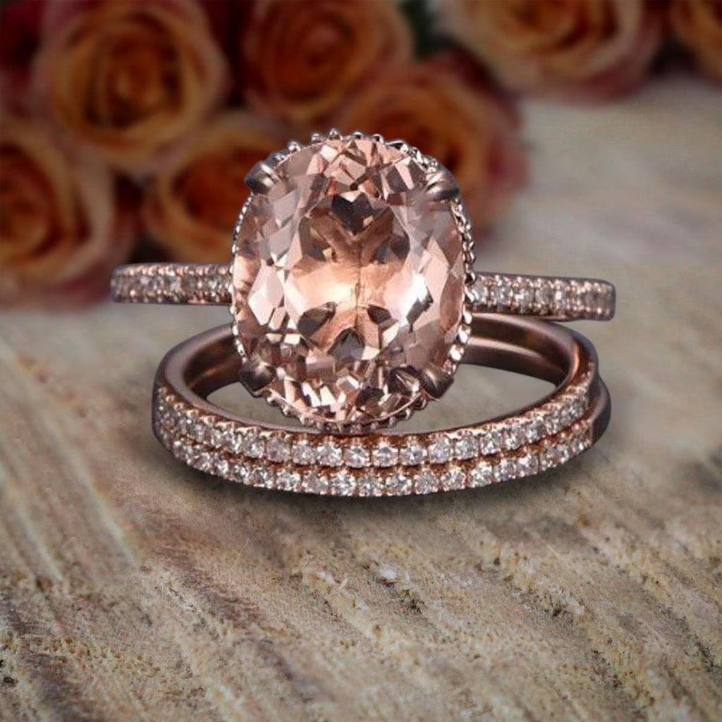 Oval Cut Morganite and Diamond Moissanite Trio Ring Set with 18k Gold Plating B884592