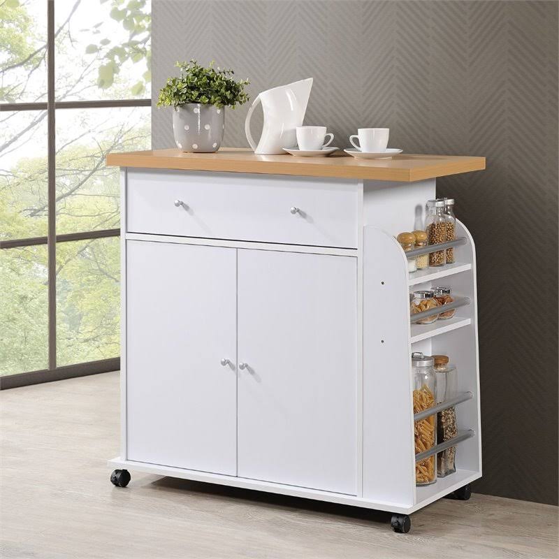 White Kitchen Cart with Spice Rack O659
