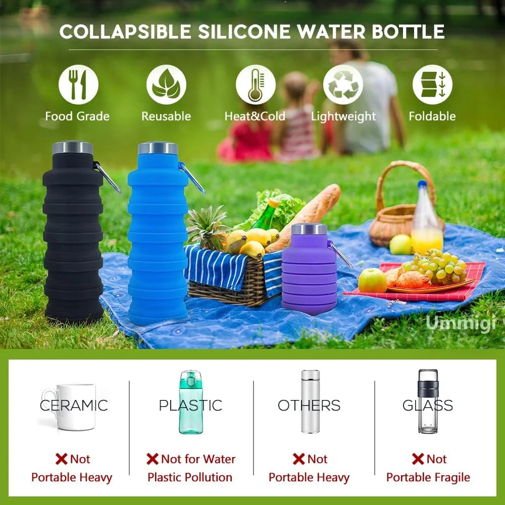 Collapsible Silicone Water Bottle with Carabiner, 17oz, 3 pack M102808
