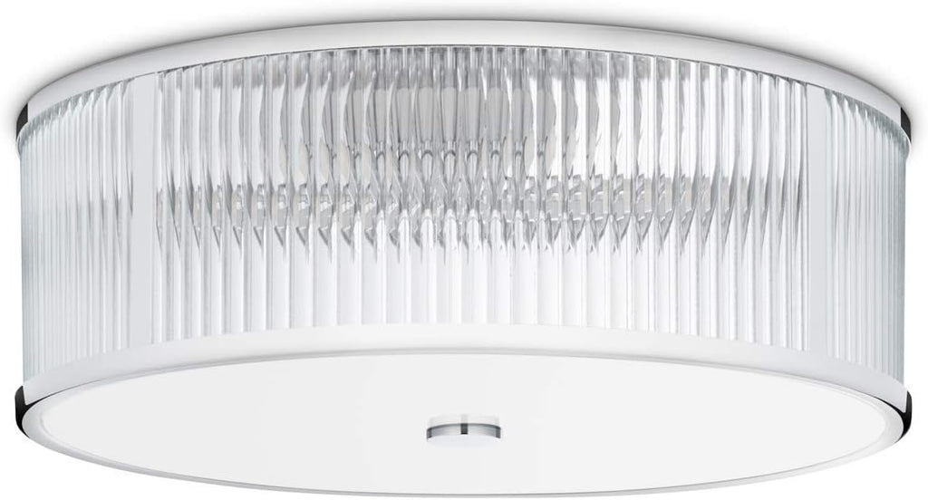 Chrome Flush Mount Ceiling Light, 18 Inch Diameter, LED Bulbs Included, 3000K, 2100 Lumens, Ribbed Glass Shade, Dimmable T56109