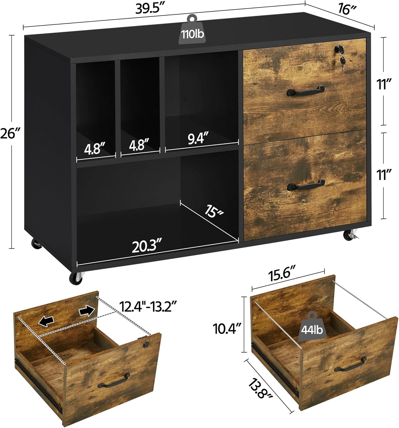 Black/Rustic Brown 2 Drawer Lateral File Cabinet with Wheels and 4 Open Shelves D480