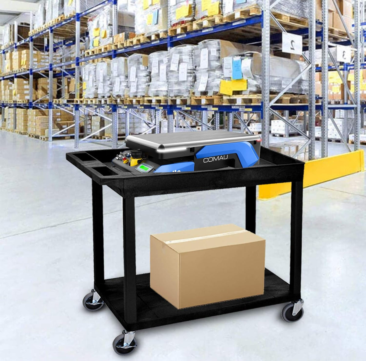Black Multipurpose Utility Cart with 1 Tub and 1 Flat Shelf Q798