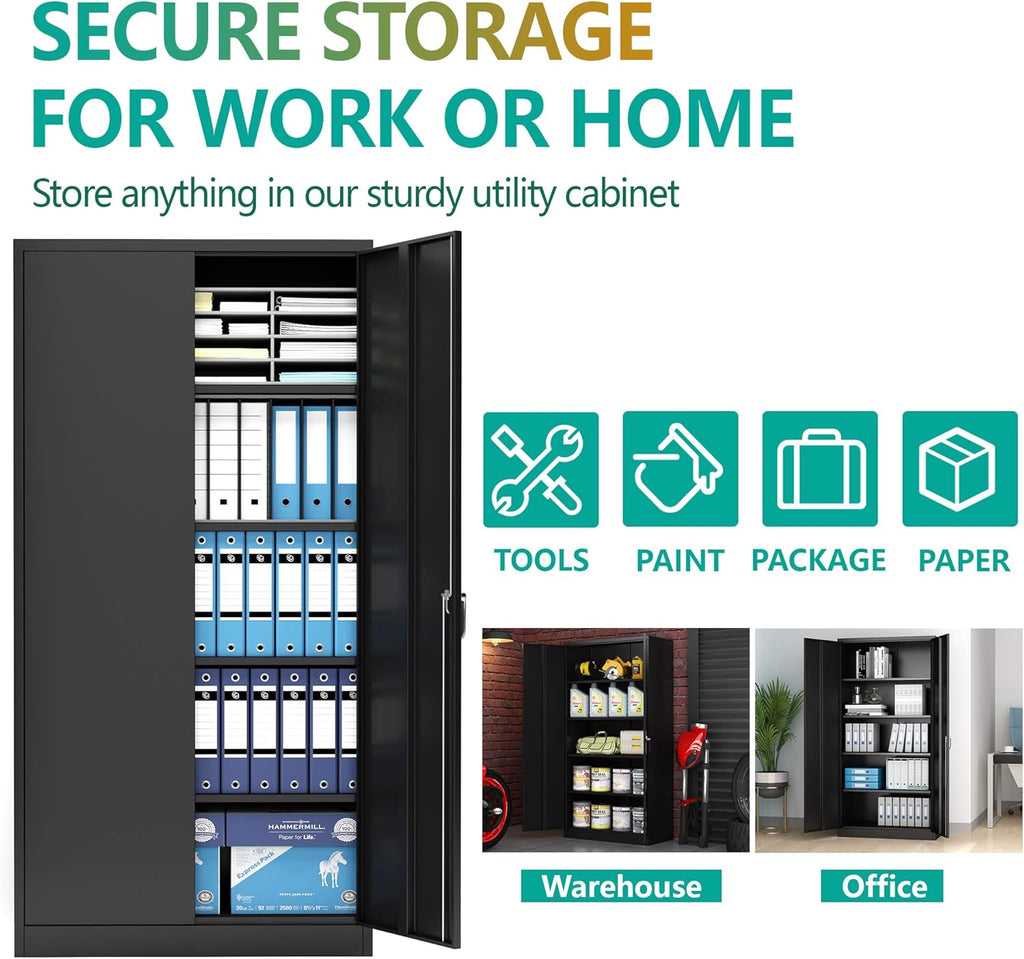 Black Steel Storage Cabinet with 2 Doors and 4 Adjustable Shelves M2173