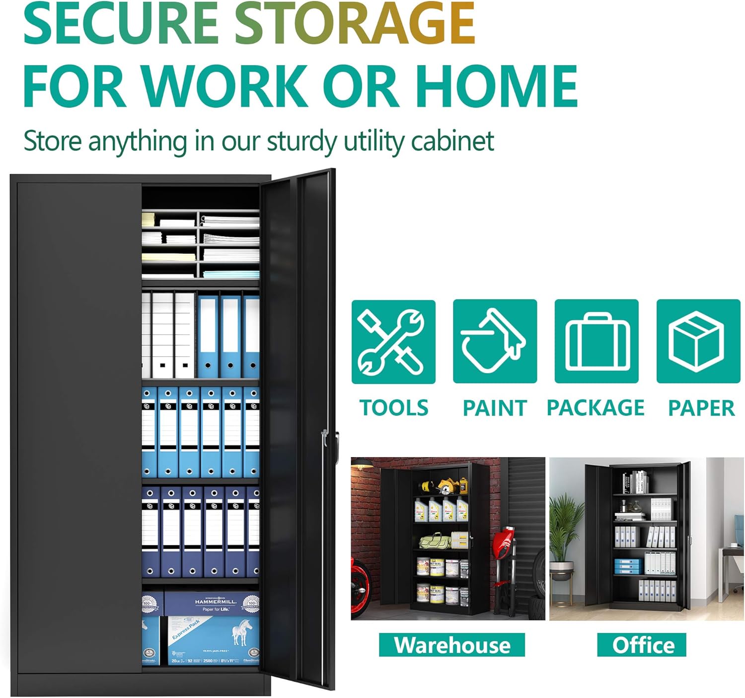Black Steel Storage Cabinet with 2 Doors and 4 Adjustable Shelves M2173