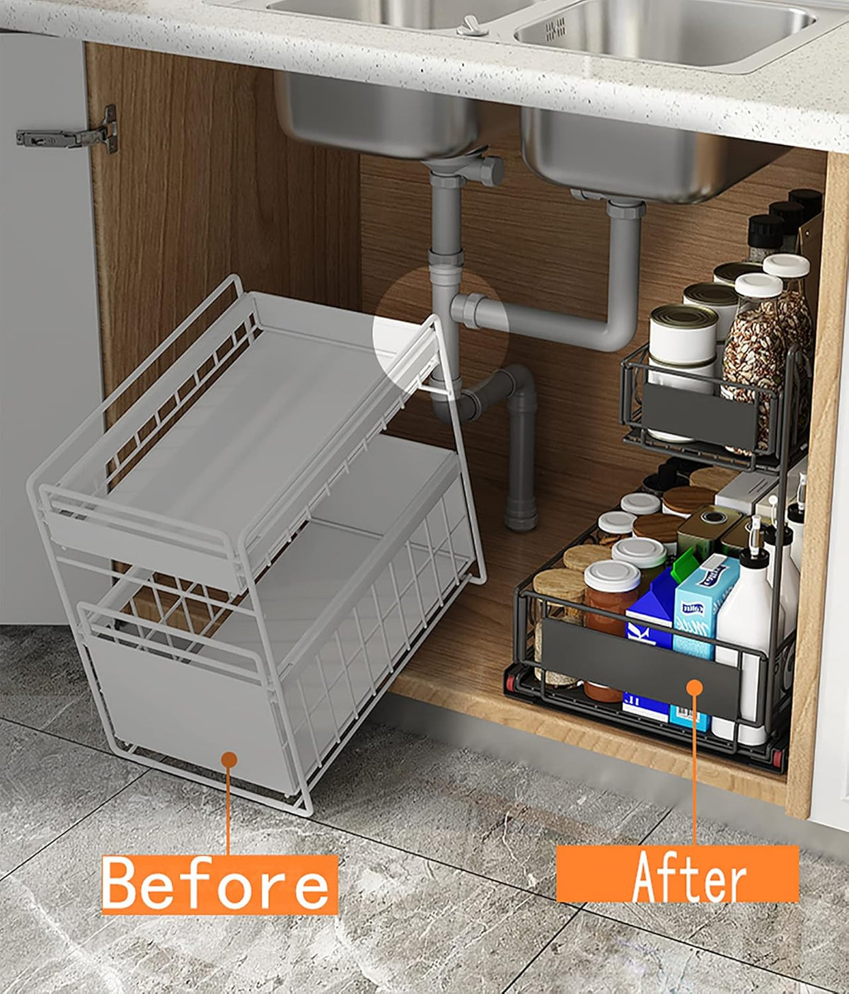 Black 2-Tier Under Sink Organizer with Sliding Drawer M61626