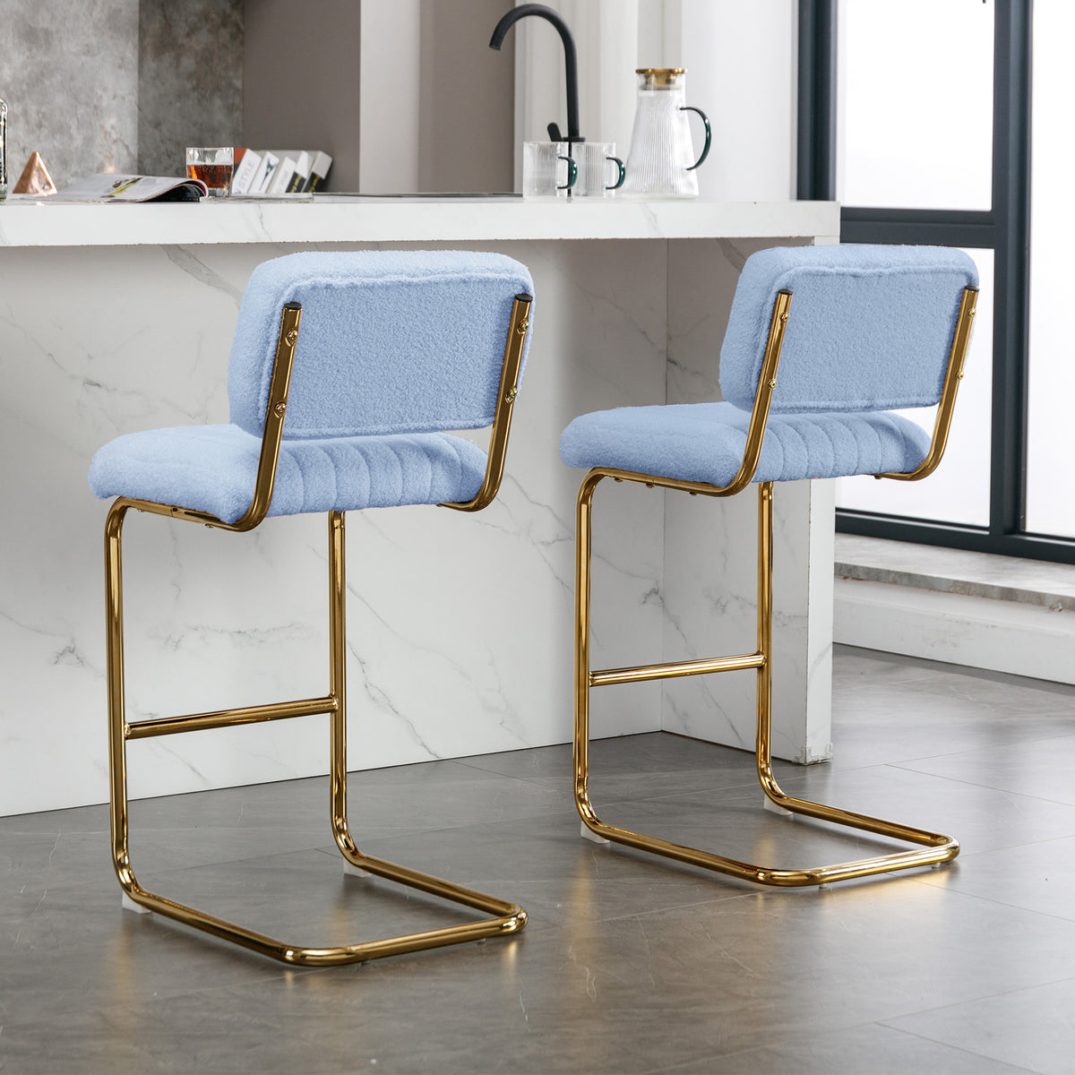 Blue Boucle Upholstered Bar Stools Set of 2 M433