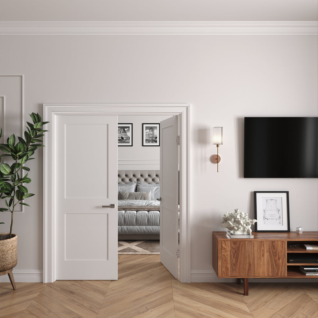 White Primed Solid Core Double Prehung French Door with Black Hinges P215
