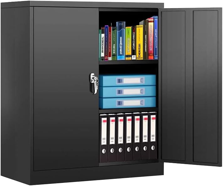 Black Metal Locking Storage Cabinet with 2 Doors and 2 Shelves H83075