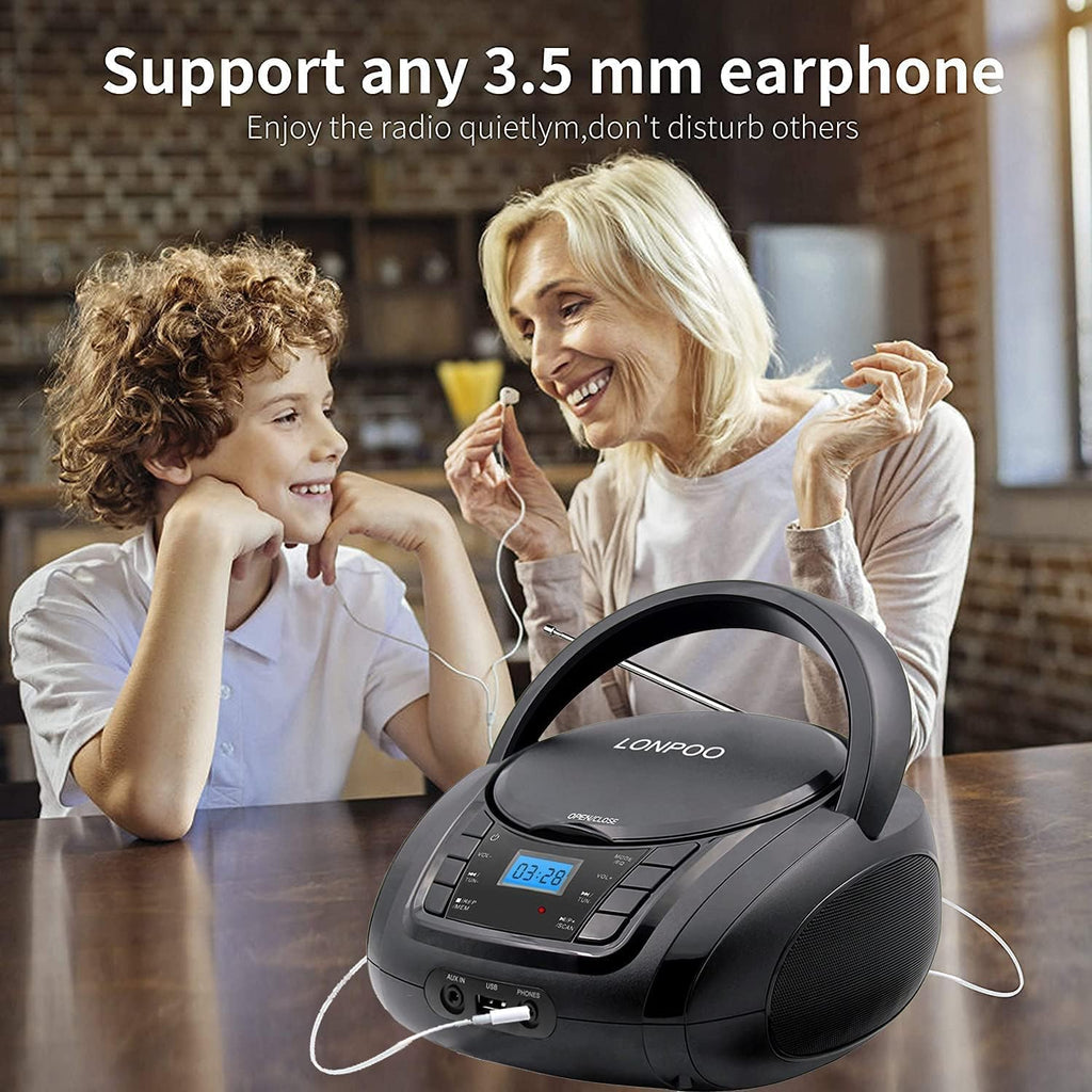 Black CD Player Boombox with FM Radio, Bluetooth, USB, AUX, LCD Display, Pack of 2 P43261