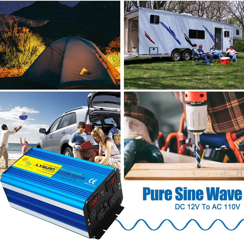 2500 Watt Pure Sine Wave Power Inverter 12V DC to 120V AC Converter with 4 AC Outlets and 3.1A USB Port LED Display Pack of 2 R2418