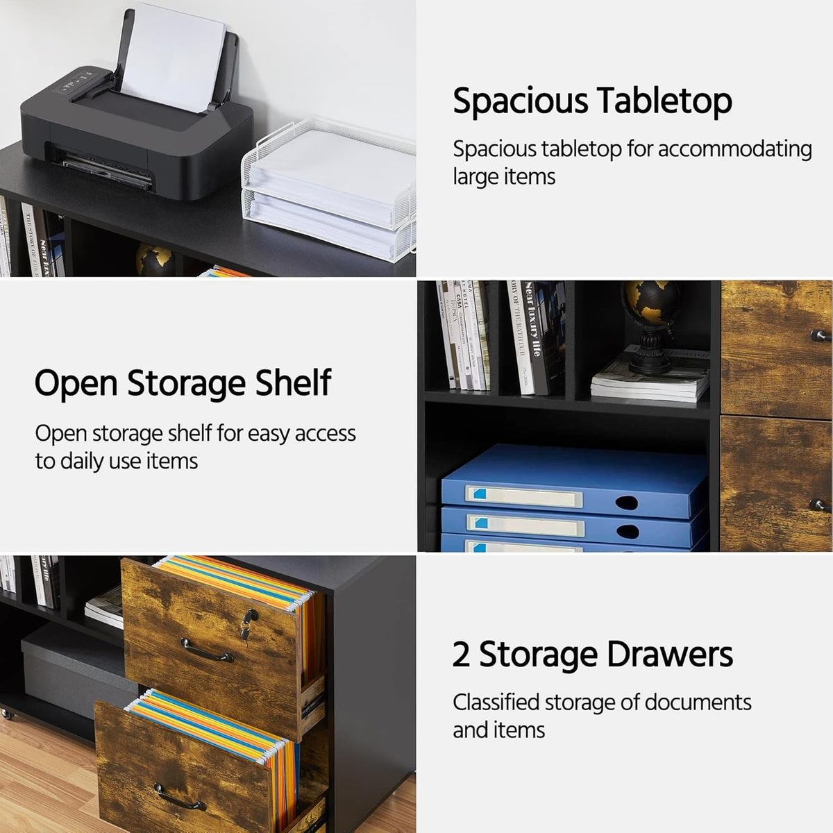 Black/Rustic Brown 2 Drawer Lateral File Cabinet with Wheels and 4 Open Shelves D480