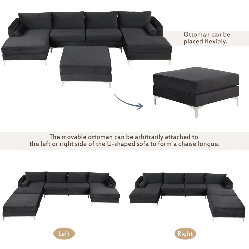 Black Velvet U-Shape Sectional Sofa with Ottoman P41436