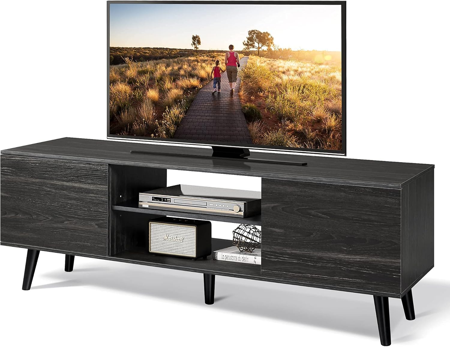 Gray Oak TV Stand with Storage Cabinet and Open Shelves M7842