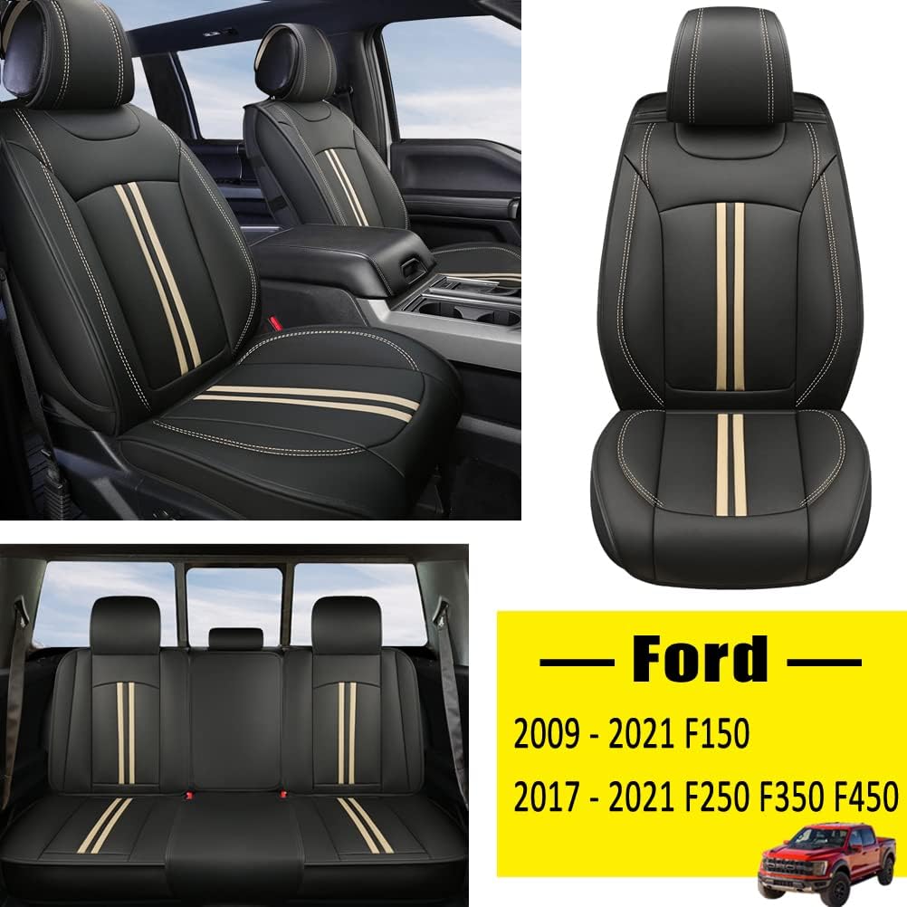 Rear Bench Car Seat Covers Faux Leather Seat Protectors (Black+Beige) B878