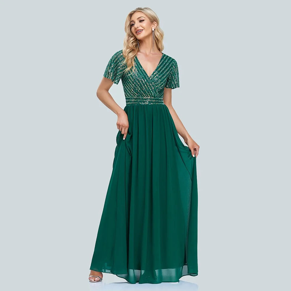 Green V-Neck Sequins Chiffon Formal Gown R761570