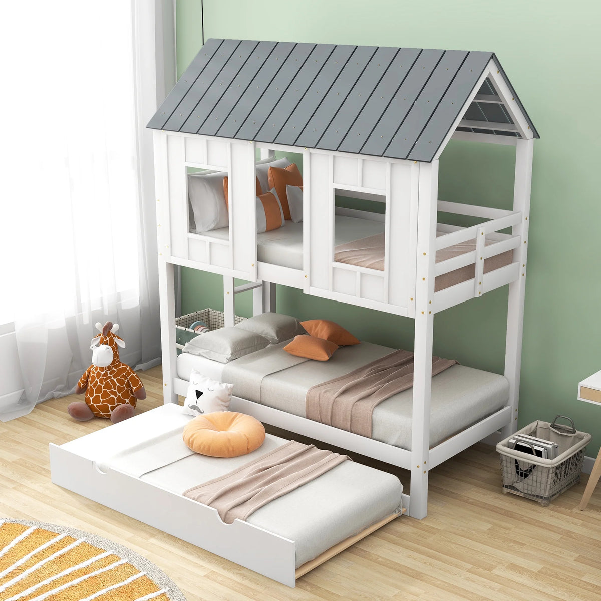 Twin Size House Bunk Bed with Trundle P997