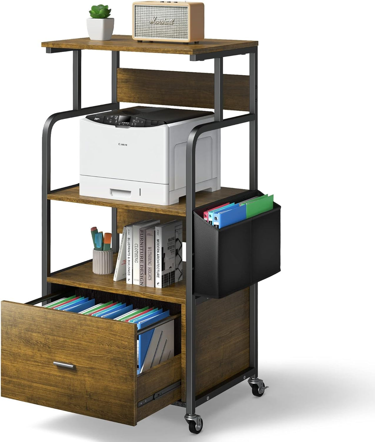 3 Tier Printer Stand with Drawer, Canvas Bag, Metal Hook, Lockable Casters Q993393